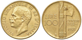 Vittorio Emanuele III (1900-1946) 100 Lire 1923 - Nomisma 1051 AU R Colpo di lima al bordo. Segnetti da contatto

SPL