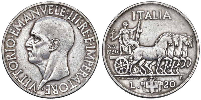 Vittorio Emanuele III (1900-1946) 20 Lire 1936 - Nomisma 1094 AG Colpetti al bor...