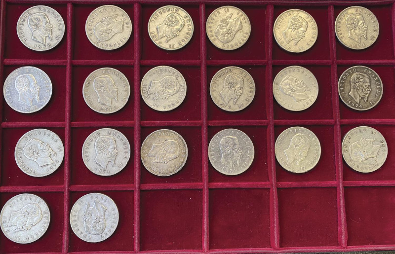 Lotto di 20 esemplari da 5 lire di Vittorio Emanuele II, date comuni

MB-BB