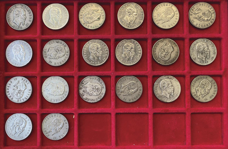 Lotto di 20 esemplari da 5 lire di Vittorio Emanuele II, date comuni

MB-BB