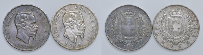 Regno d'Italia Lotto di due monete: 5 Lire 1870 M, 1875 M

BB