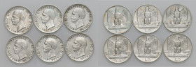 Vittorio Emanuele III - Lotto di sei monete da 5 lire tipo aquila. 1926, 1927 * e **, 1928*, 1929 e 1930

BB-SPL