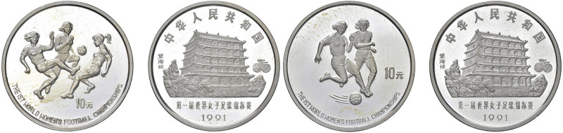 CINA 10 Yuan 1991 Campionato mondiale di calcio femminile - KM 369; 370 AG Lotto...