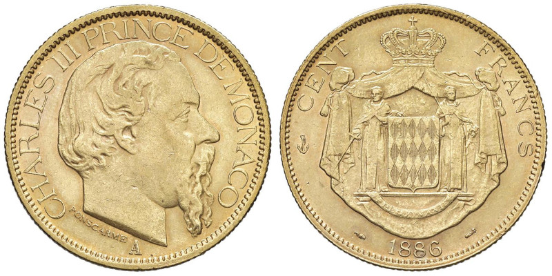 MONACO Carlo III (1856-1889) 100 Franchi 1886 - KM 99 AU (g 32,23) Colpetti al b...
