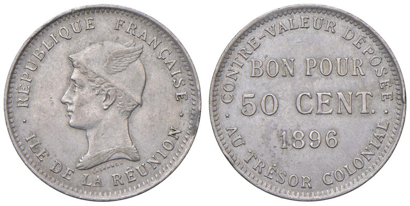 REUNION 50 centimes 1896 - KM 4 CuNi (g 2,50) Colpi al bordo.

qBB/BB