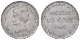 REUNION 50 centimes 1896 - KM 4 CuNi (g 2,50) Colpi al bordo.

qBB/BB