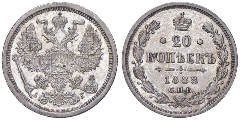 RUSSIA Alessandro III (1881-1894) 20 Copechi 1888 - KM Y22a.1 AG (g 3,65)

SPL...
