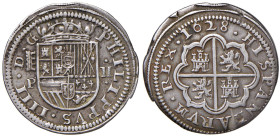 SPAGNA Filippo IV (1621-1665) 2 Reales 1628 Segovia P - Cal. 957 AG (g 6,08) Piccola mancanza di metallo al D/

BB
