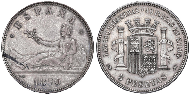 SPAGNA Governo Provvisorio (1868-1871) 5 Pesetas 1870 *70 - KM 655 AG (g 25,06) ...
