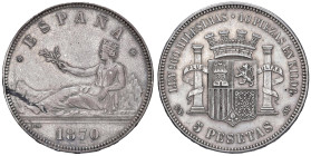 SPAGNA Governo Provvisorio (1868-1871) 5 Pesetas 1870 *70 - KM 655 AG (g 25,06) Leggermente lucidata

qSPL