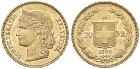 SVIZZERA 20 Franchi 1890 - AU (g 6,44) Colpetto al bordo, minima striatura al D/

SPL+