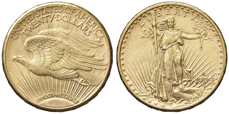 USA 20 Dollari 1909 S - KM 131 AU (g 33,43) Segno da contatto al R/

qSPL/SPL