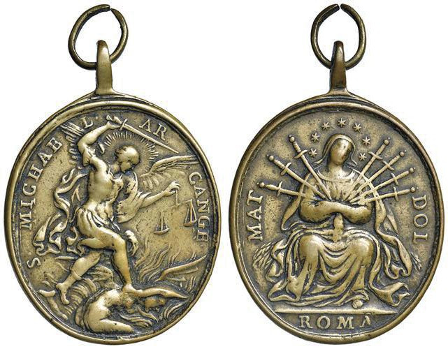 Medaglia religiosa fusa del XVIII secolo - San Michele Arcangelo e la Madonna de...