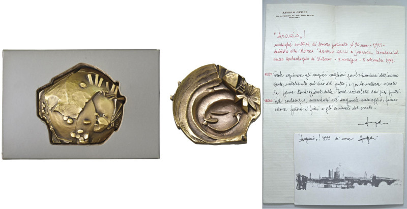 Angelo Grilli (1932-2015) Medaglia-Scultura coniata 1993 con lettera "autografa"...