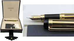 WATERMAN Night & Day -Penna Stilografica- Corpo e cappuccio con striature nere e dorate. Ricarica a cartuccia/converter. Pennino F in oro bicolore 18k...