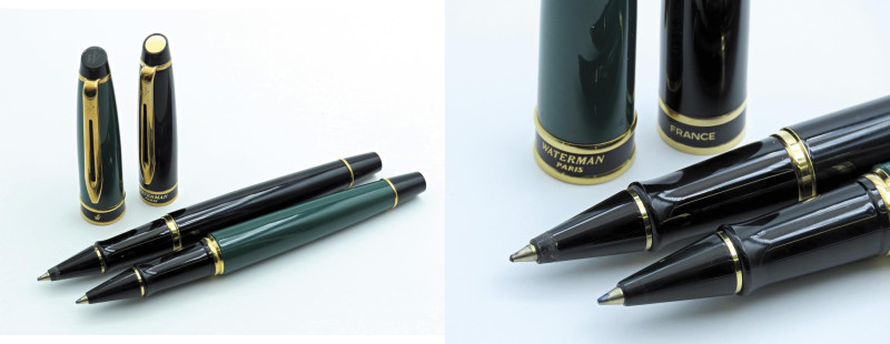 WATERMAN -Lotto di 2 penne- Roller. Corpi in resina nera e verde con finiture do...