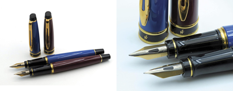 WATERMAN -Lotto di 2 penne- Stilografiche, Corpi in resina blu e bordeaux con fi...