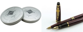 WATERMAN Cinenatographe. Lotto di 2 penne - Stilografica e sfera- Corpo delle penne in resina bordeaux con finiture dorate. Stilografica con ricarica ...