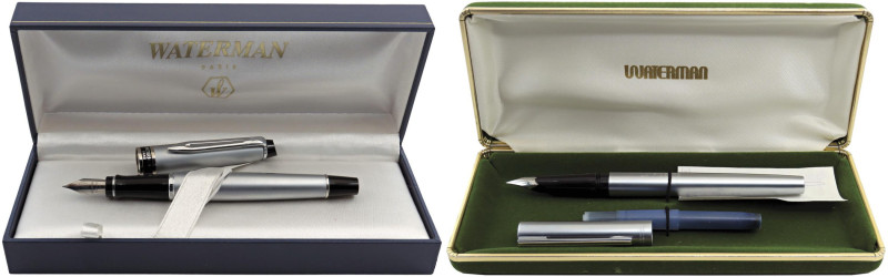 WATERMAN -Lotto di 2 penne stilografiche- Corpo e cappuccio in metallo argentato...