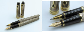 AURORA -Lotto di 2 penne- Stilografica e Roller. Corpi in argento 925 con finiture dorate. Stilografica con ricarica a cartuccia/converter. Pennino F ...