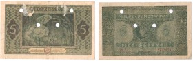 Banknotes
POLSKA/ POLAND/ POLEN / PAPER MONEY / BANKNOTE

Banknote. 5 zlotych 1926 seria D 
Kilkukrotnie złamany, ślady kleju. Banknot po perforac...