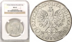Poland II Republic 
POLSKA / POLAND / POLEN

II RP. 10 zlotych 1932 Womens head (no mint mark) NGC MS62 
Pięknie zachowana moneta z wyraźnymi deta...