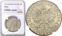 Poland II Republic 
POLSKA / POLAND / POLEN

II RP. 10 zlotych 1932 Womens head (no mint mark) NGC MS62 
Piękny, menniczy egzemplarz. Zachowany po...