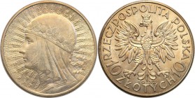 Poland II Republic 
POLSKA / POLAND / POLEN

II RP. 10 zlotych 1932 Womens head (no mint mark) 
Piękny połysk menniczy, złocista patyna. Piękna pr...