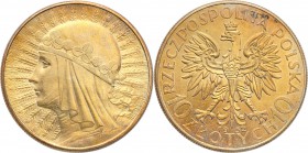 Poland II Republic 
POLSKA / POLAND / POLEN

II RP. 10 zlotych 1932 Womens head (with mint mark) 
Połysk, złocista patyna. Piękna prezencja monety...