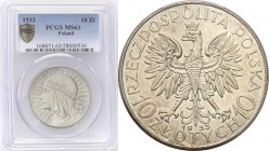 Poland II Republic 
POLSKA / POLAND / POLEN

II RP. 10 zlotych 1933 Womens head PCGS MS63 (2 MAX) 
Druga najwyższa nota gradingowa na świecie w PC...