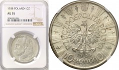 Poland II Republic 
POLSKA / POLAND / POLEN

II RP. 10 zlotych 1938 Pilsudski NGC AU55 
Bardzo ładnie zachowana moneta z pięknym połyskiem mennicz...