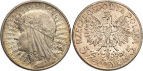Poland II Republic 
POLSKA / POLAND / POLEN

II RP. 5 zlotych 1934 Womens head (with mint mark) 
Piękny połysk, złocista patyna.Parchimowicz 116d...
