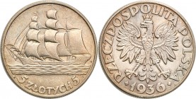Poland II Republic 
POLSKA / POLAND / POLEN

II RP. 5 zlotych 1936 Sailing boat 
Bardzo ładny egzemplarz, połysk. Delikatna kolorowa patyna.Parchi...