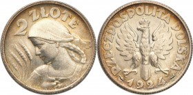 Poland II Republic 
POLSKA / POLAND / POLEN

II RP. 2 zlote 1924, Paris 
Delikatny połysk menniczy. Kolorowa patyna zachodząca od rantu.Parchimowi...