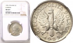 Poland II Republic 
POLSKA / POLAND / POLEN

II RP. 2 zlote 1925 kropka, Londyn NGC MS64+ (2 MAX) 
Druga najwyższa nota gradingowa na świecie. Tyl...