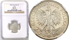 Poland II Republic 
POLSKA / POLAND / POLEN

II RP. 2 zlote 1934 Womens head NGC MS65 (2 MAX) 
Druga najwyższa nota gradingowa na świecie.Piękny b...