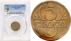 Poland II Republic 
POLSKA / POLAND / POLEN

II RP. 5 groszy 1923 PCGS MS65 (2 MAX) 
Druga najwyższa nota gradingowa na świecie.Pierwszy rocznik b...