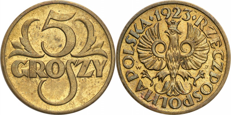 Poland II Republic 
POLSKA / POLAND / POLEN

II RP. 5 groszy 1923 brass 
Bar...