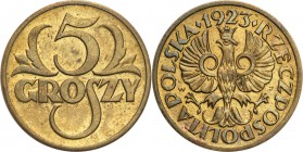Poland II Republic 
POLSKA / POLAND / POLEN

II RP. 5 groszy 1923 brass 
Bardzo ładny egzemplarz. Połysk.Parchimowicz 103a
Waga/Weight: 3,35 g mo...