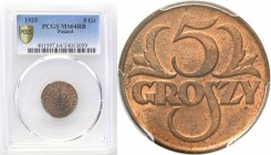 Poland II Republic 
POLSKA / POLAND / POLEN

II RP. 5 groszy 1925 PCGS MS64 RB (MAX) 
Najwyższa nota gradingowa na świecie.Menniczy i bardzo rzadk...
