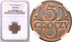 Poland II Republic 
POLSKA / POLAND / POLEN

II RP. 5 groszy 1931 NGC MS65 RB (2 MAX) 
Druga najwyższa nota gradingowa na świecie.Rzadki rocznik 5...