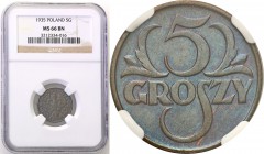 Poland II Republic 
POLSKA / POLAND / POLEN

II RP. 5 groszy 1935 NGC MS66 BN (MAX) 
Najwyższa nota gradingowa na świecie.Piękna niebiesko-brązowa...