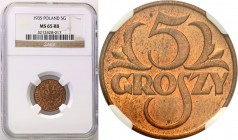 Poland II Republic 
POLSKA / POLAND / POLEN

II RP. 5 groszy 1935 NGC MS65 RB (MAX) 
Najwyższa nota gradingowa w kolorze RB.Menniczy egzemplarz ze...