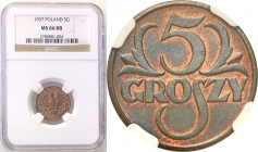 Poland II Republic 
POLSKA / POLAND / POLEN

II RP. 5 groszy 1937 NGC MS66 RB (MAX) 
Najwyższa nota gradingowa na świecie.Egzemplarz niegdyś wysel...