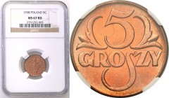 Poland II Republic 
POLSKA / POLAND / POLEN

II RP. 5 groszy 1938 NGC MS67 RD (MAX) 
Najwyższa nota gradingowa na świecie.Egzemplarz w najbardziej...