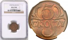 Poland II Republic 
POLSKA / POLAND / POLEN

II RP. 5 groszy 1938 NGC MS67 RB (MAX) 
Jedyna i najwyższa nota gradingowa na świecie.Wyśmienity egze...