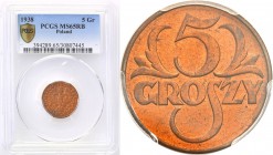Poland II Republic 
POLSKA / POLAND / POLEN

II RP. 5 groszy 1938 PCGS MS65 RB (MAX) 
Najwyższa nota gradingowa na świecie w PCGS.Egzemplarz prost...