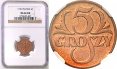Poland II Republic 
POLSKA / POLAND / POLEN

II RP. 5 groszy 1939 NGC MS66 RD (2 MAX) 
Druga najwyższa nota gradingowa na świecie.Najbardziej posz...