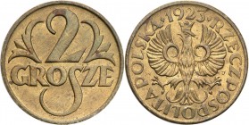 Poland II Republic 
POLSKA / POLAND / POLEN

II RP. 2 grosze 1923 brass 
Pierwszy rocznik i jedyny który został wybity w mosiądzu.Patyna, delikatn...