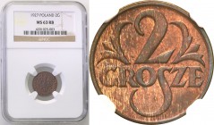 Poland II Republic 
POLSKA / POLAND / POLEN

II RP. 2 grosze 1927 NGC MS63 RB 
Rzadszy rocznik monety 2 groszowej. W dużej części zachowany natura...